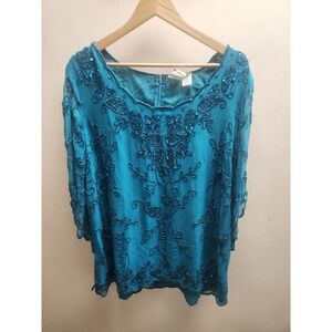 Roaman's Silk Beaded Sequin Top Teal Blue Paisley Evening Blouse Plus Size 24W